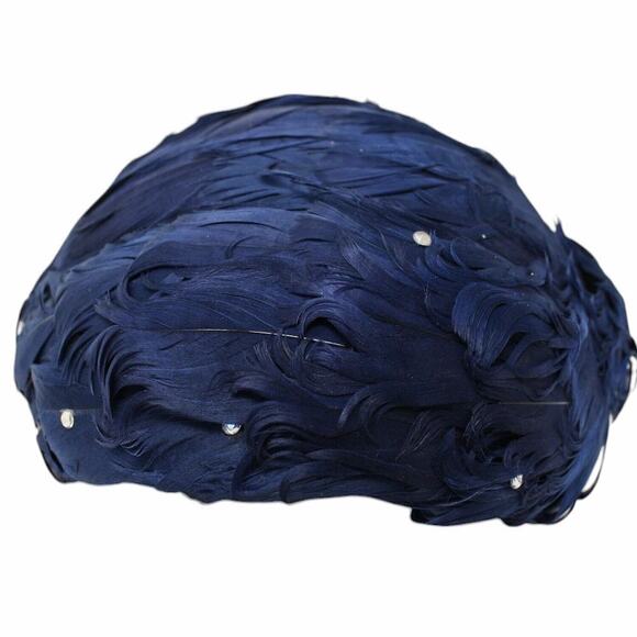 Vintage Blue Feather Cocktail Hat Rhinestone Accent Close Fitting Style -Hey Viv - Picture 5 of 7